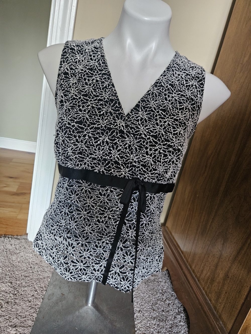 Fashion Bug Black and White Lace-Overlay V-Neck Sleeveless Camisole